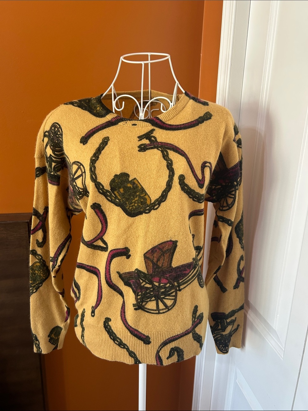 Vintage 90s Mustard Western Equestrian Print Sweater Shoulder Pads Estimated M/L - Picture 2 of 11